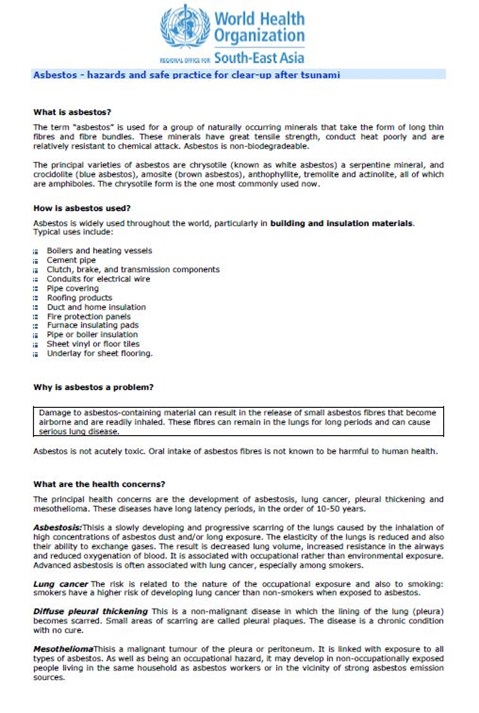 Asbestos - hazards and safe practice for clear-up after tsunami
