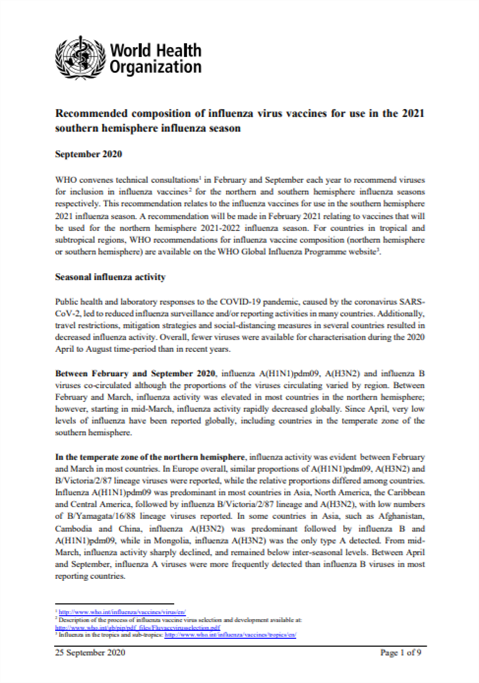 Recommended composition of influenza virus vaccines for use in the 2020 southern hemisphere influenza season